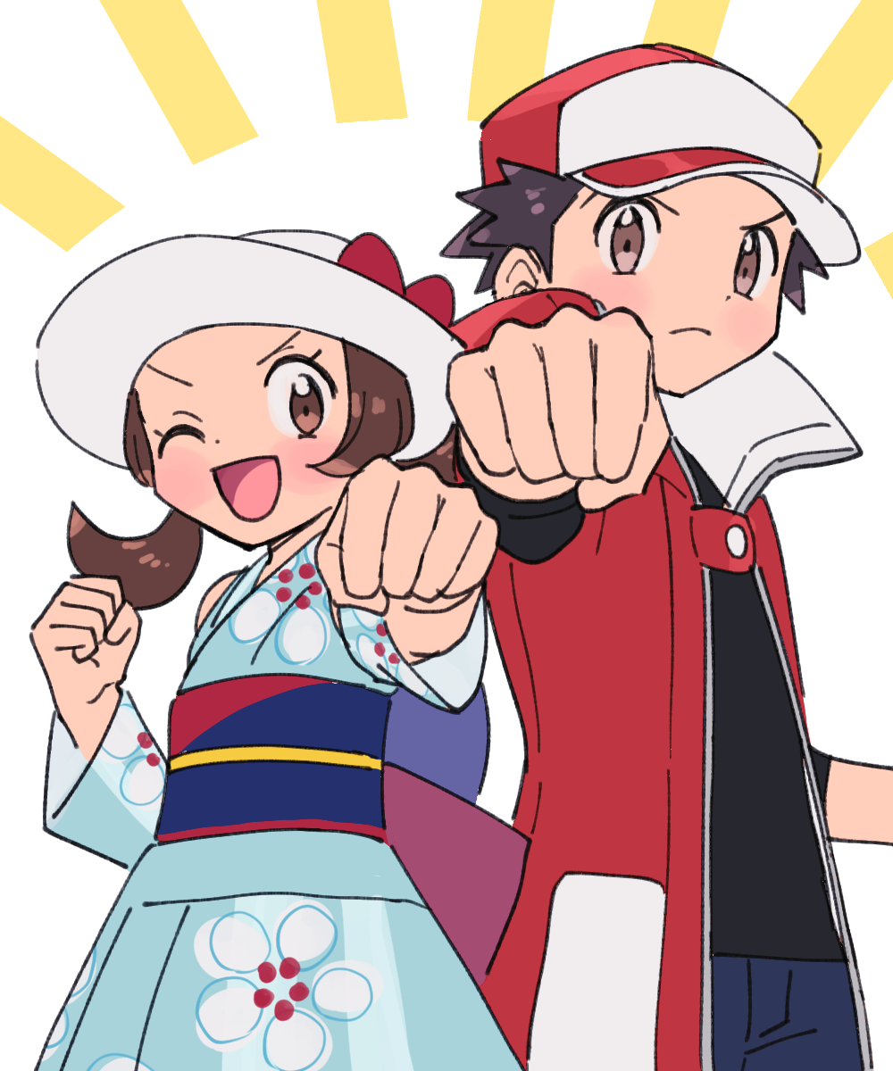 1boy 1girl black_shirt blue_kimono brown_eyes brown_hair clenched_hands commentary_request creatures_(company) detached_sleeves frown game_freak hat highres japanese_clothes kimono lyra_(pokemon) lyra_(summer_2020)_(pokemon) nintendo obi one_eye_closed open_mouth pokemon pokemon_masters_ex pumpkinpan red_(pokemon) red_(sygna_suit)_(pokemon) red_hat red_vest sash shirt smile twintails vest white_hat