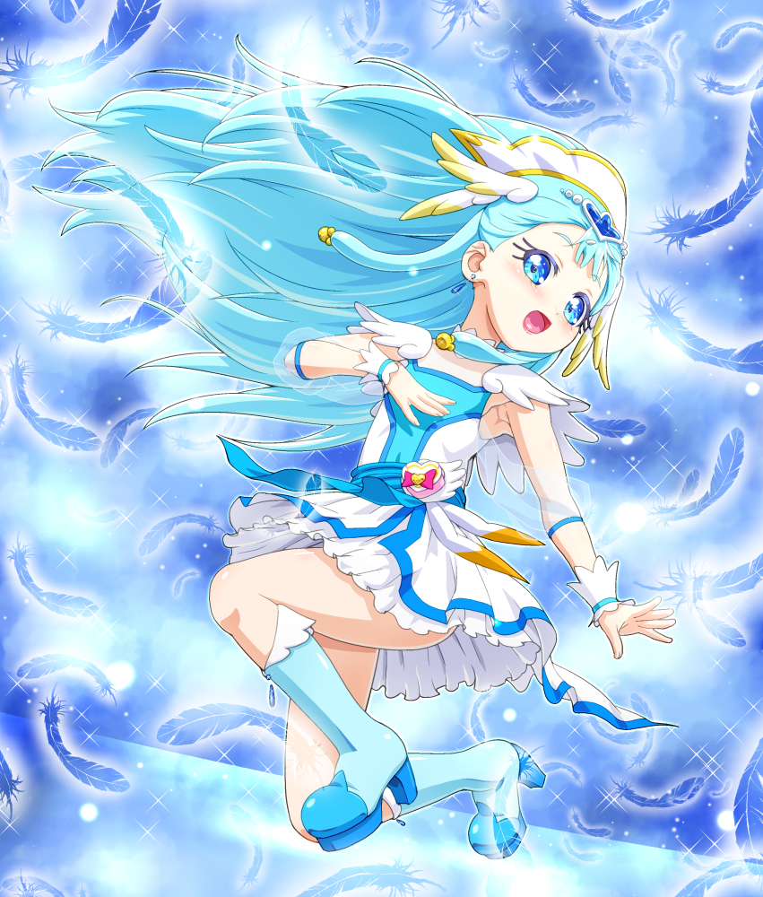 1girl aged_down blue_eyes blue_hair blush boots cure_ange dress feathers flat_chest hugtto!_precure kneeling kohsaka_jun long_hair looking_at_viewer magical_girl precure smile solo sparkle thighs yakushiji_saaya