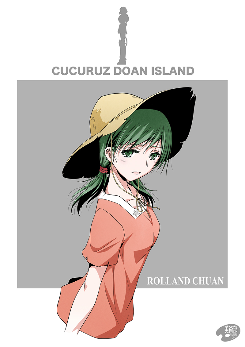 1girl artist_logo character_name english_text female_focus green_eyes green_hair grey_background gundam hat logo mecha mobile_suit_gundam robot rolland_chuan shizuki_michiru straw_hat white_background zaku zaku_ii