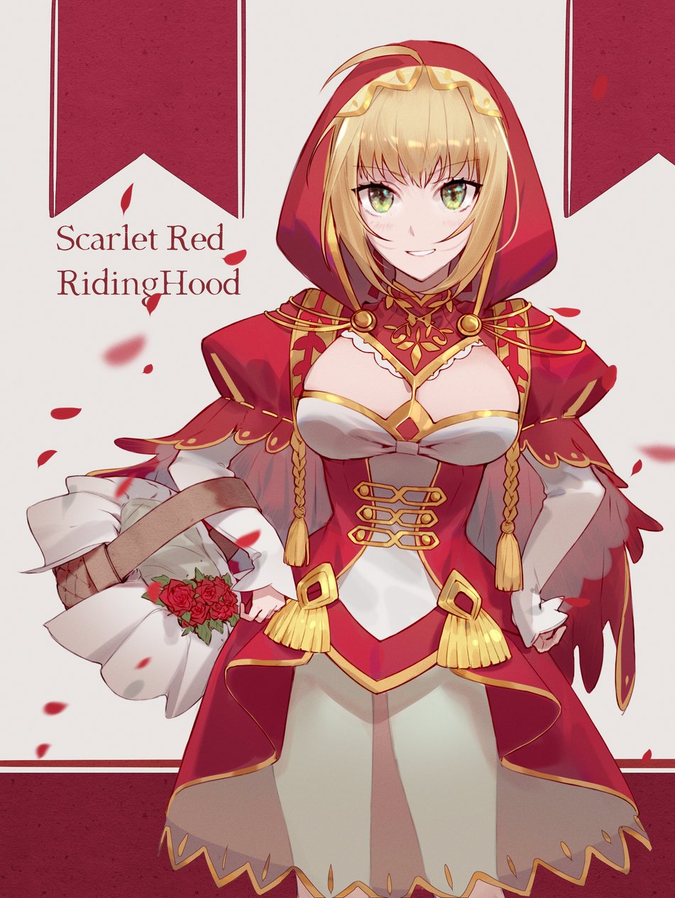 1girl ahoge basket blonde_hair blush breasts cleavage cloak commentary_request cosplay csyday fate/extra fate/grand_order fate_(series) female_focus flower green_eyes hair_between_eyes highres holding holding_basket hood hood_up hooded hooded_cloak large_breasts little_red_riding_hood little_red_riding_hood_(grimm) little_red_riding_hood_(grimm)_(cosplay) looking_at_viewer nero_claudius_(fate) nero_claudius_(fate/extra) petals puffy_sleeves red_cloak red_flower red_hood red_rose rose rose_petals short_hair smile solo teeth