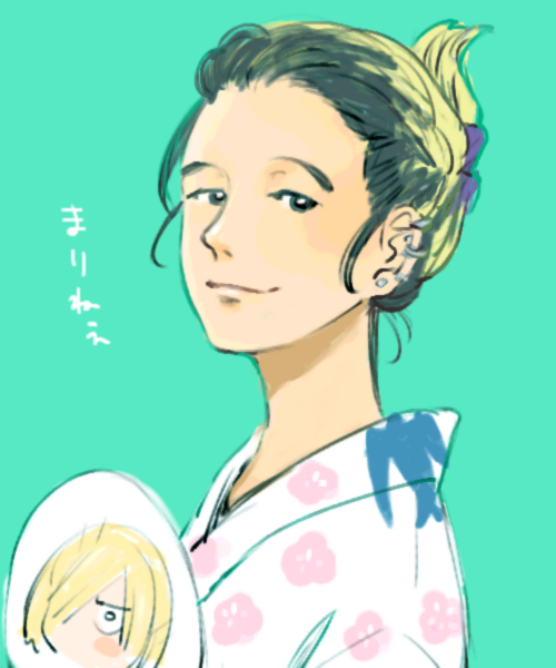 10s 1girl black_hair blonde_hair brown_eyes ear_piercing hand_fan folded_ponytail japanese_clothes katsuki_mari kimono multicolored_hair paper_fan piercing smile two-tone_hair uchiwa upper_body ure_p yukata yuri!!!_on_ice yuri_plisetsky