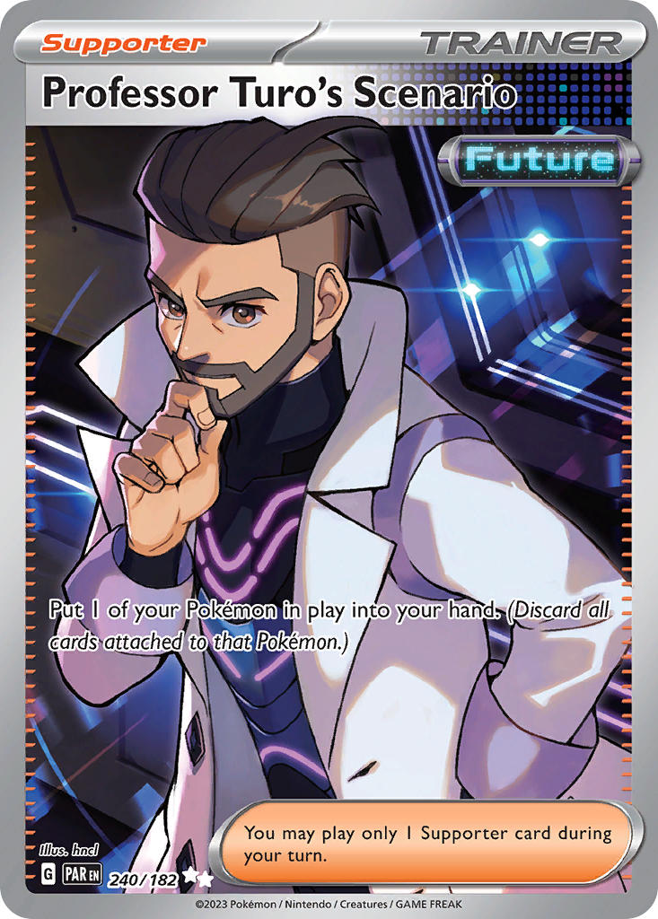 1boy artist_name bodysuit brown_eyes brown_hair card_(medium) character_name closed_mouth company_name copyright_name copyright_notice english_text facial_hair fingernails hand_on_own_chin hungry_clicker jacket lab_coat male_focus nintendo official_art open_clothes open_jacket pokemon pokemon_card pokemon_sv pokemon_tcg purple_bodysuit short_hair solo third-party_source trading_card professor_turo undercut white_jacket
