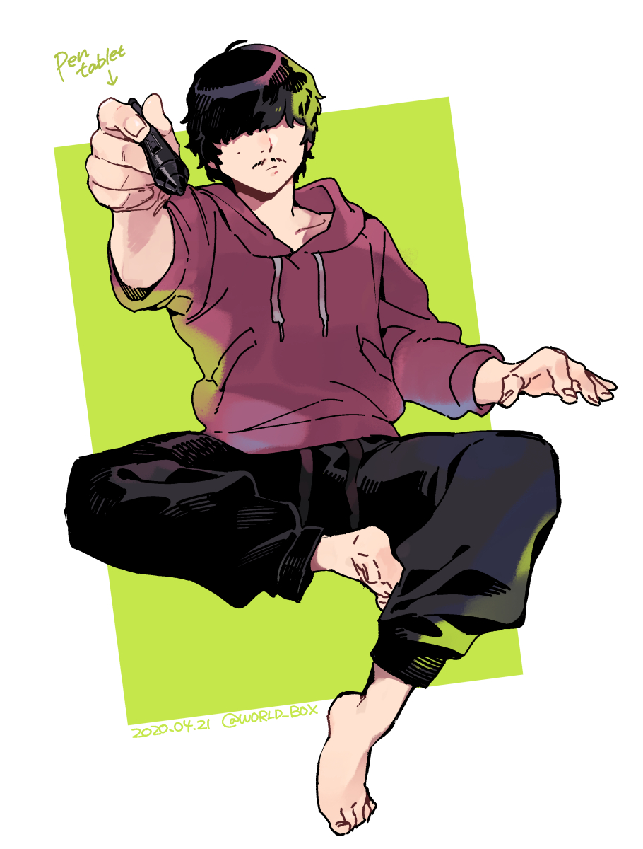 1boy barefoot black_hair black_pants da_shuang_(the_legend_of_luoxiaohei) drawstring facial_hair green_background hair_over_eyes highres holding holding_stylus hood hood_down hoodie invisible_chair long_sleeves male_focus mustache pants purple_hoodie short_hair sitting solo stylus luo_xiaohei_zhanji vox