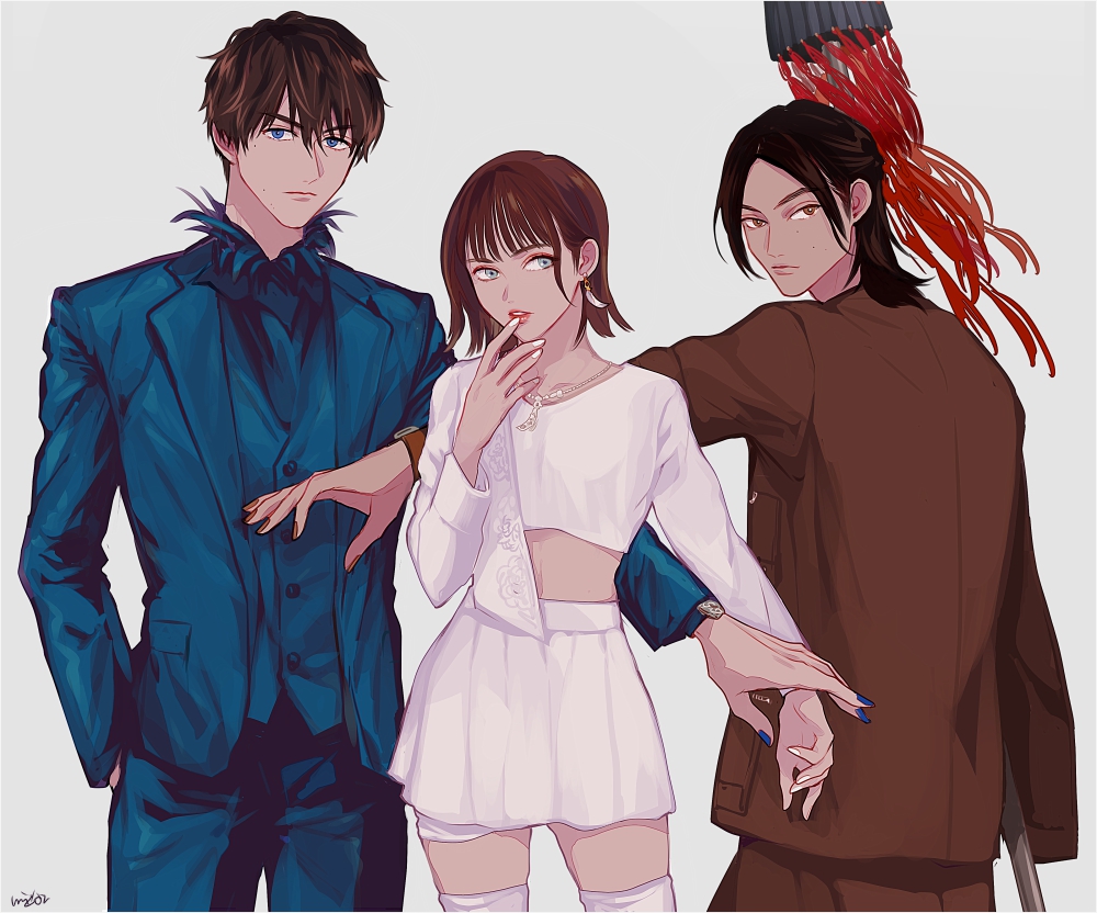 1girl 2boys animification avataro_sentai_donbrothers blue_eyes blue_jacket blue_pants blue_vest brown_eyes brown_jacket brown_pants commentary_request hair_over_one_eye jacket long_hair multiple_boys oil-paper_umbrella pants ponytail short_hair skirt sonoi_(donbrothers) sononi sononi_(donbrothers) sonoza_(donbrothers) super_sentai thighhighs umbrella vest weapon white_background white_jacket white_skirt white_thighhighs zo_ochi2