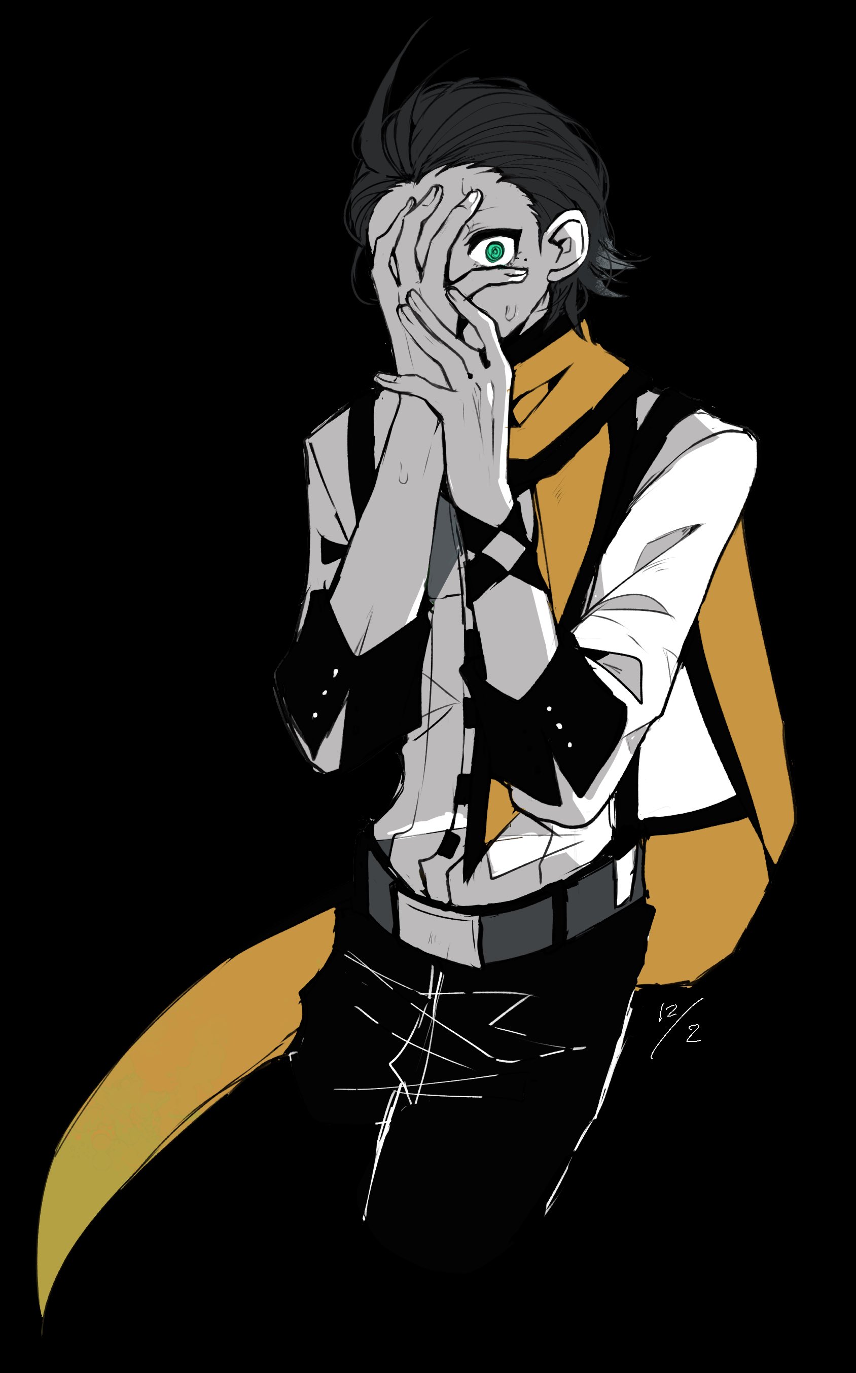 1boy absurdres belt belt_buckle black_background black_belt black_hair black_pants black_trim blue_eyes buckle covering_own_mouth hair_behind_ear hair_slicked_back hand_on_own_face hand_on_own_wrist highres long_scarf long_sleeves looking_at_viewer male_focus mochizuki_ryouji one_eye_covered pants persona persona_3 ringed_eyes scarf shirt shirt_tucked_in short_hair simple_background sleeve_cuffs solo teketeke_(tasutekete) white_shirt wide-eyed yellow_scarf