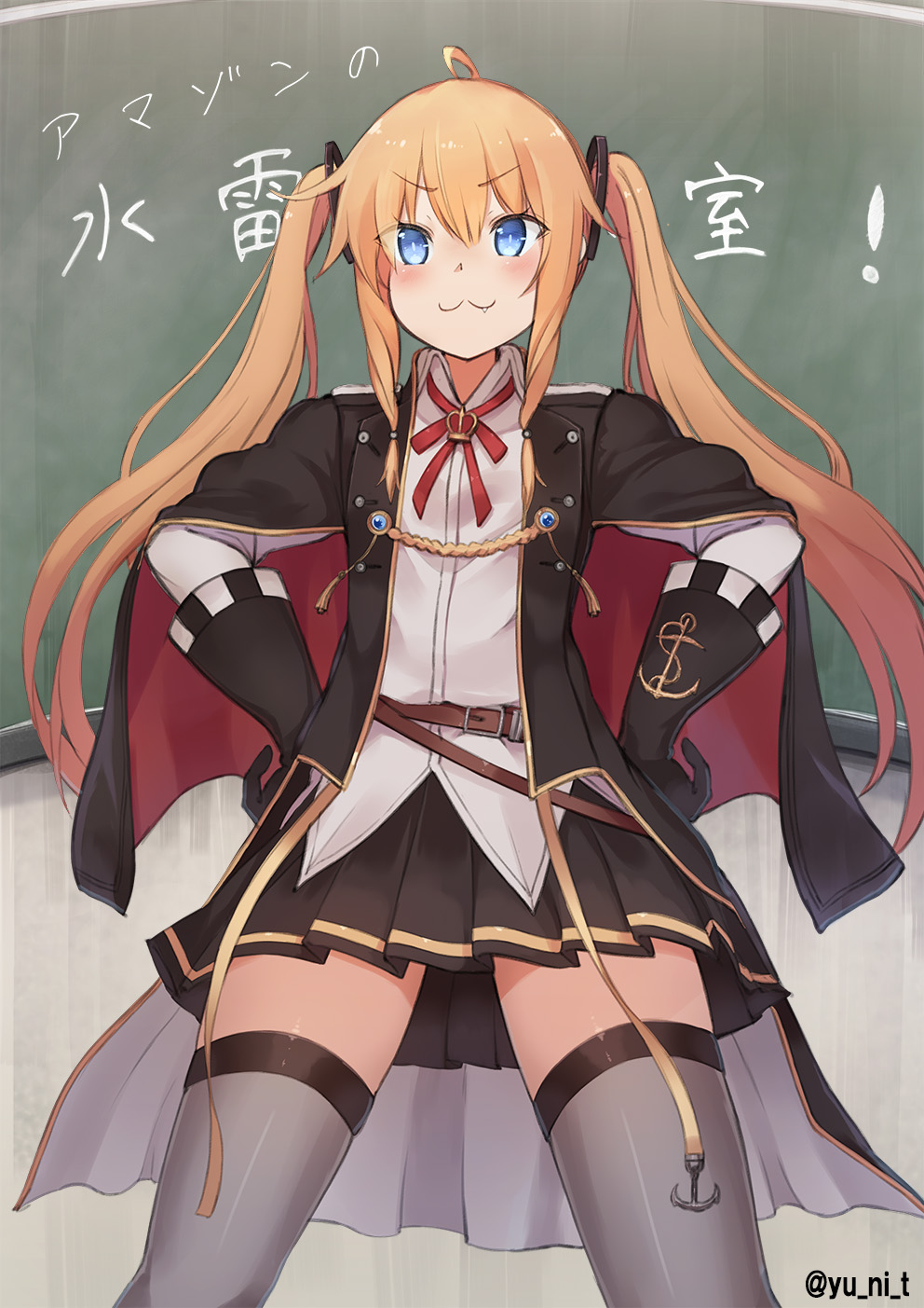 1girl :3 ahoge amazon_(azur_lane) anchor_symbol arms_at_sides azur_lane bad_id bad_pixiv_id blonde_hair blue_eyes cape chalkboard commentary_request fang fang_out female_focus gloves hair_between_eyes hair_ornament hands_on_own_hips highres long_hair looking_at_viewer military military_uniform shirt solo thighhighs twintails yu_ni_t
