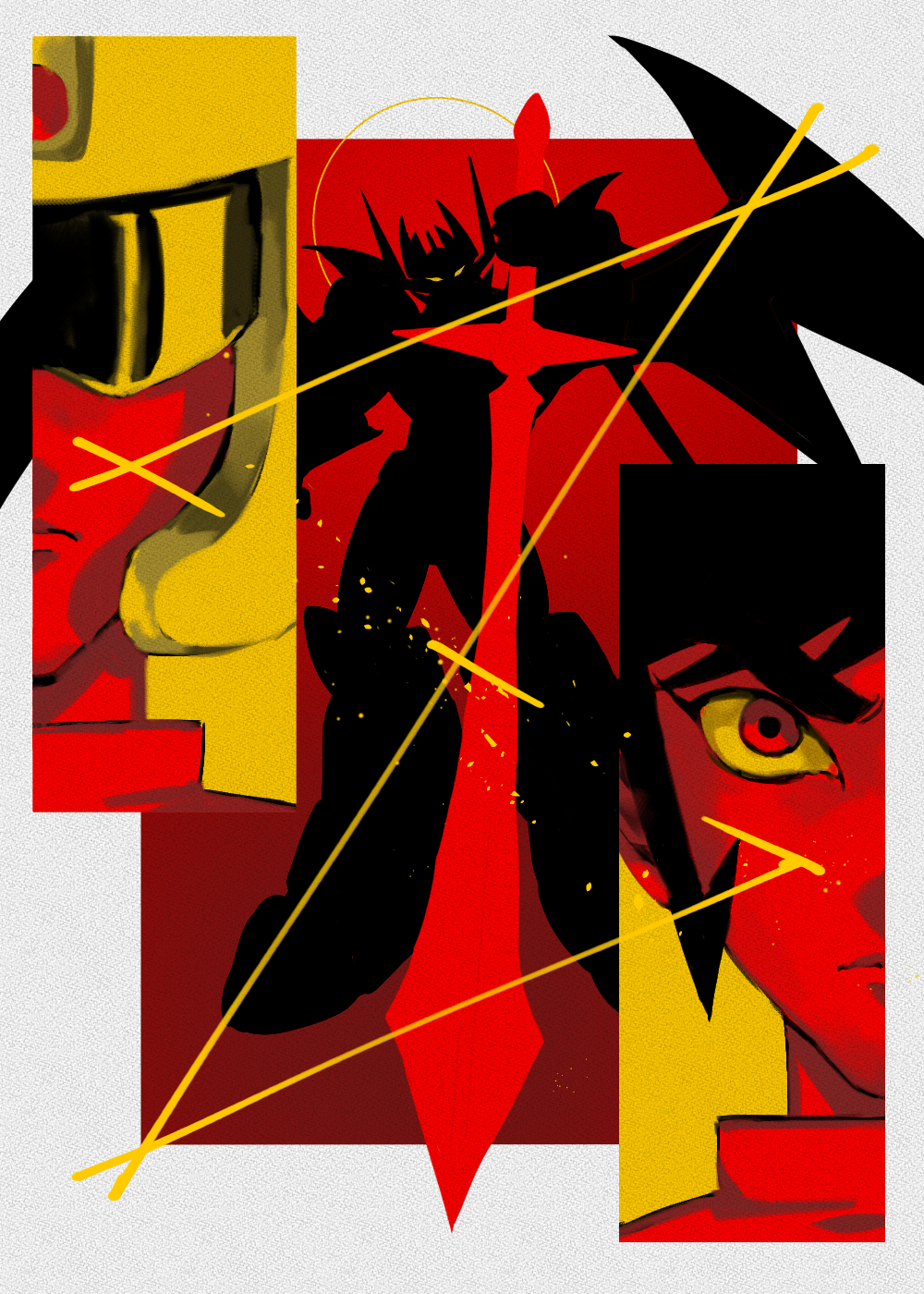 1boy aayes19 assault_visor black_hair demon_horns demon_wings full_body greatsword halo halo_behind_head hand_up helmet highres holding holding_sword holding_weapon horns kabuto_kouji looking_at_viewer male_focus mazinger_(series) mazinkaiser mazinkaiser_(robot) mecha mecha_focus multiple_views red_eyes red_theme robot serious short_hair sideburns silhouette single_letter super_robot sword weapon wings yellow_eyes yellow_halo