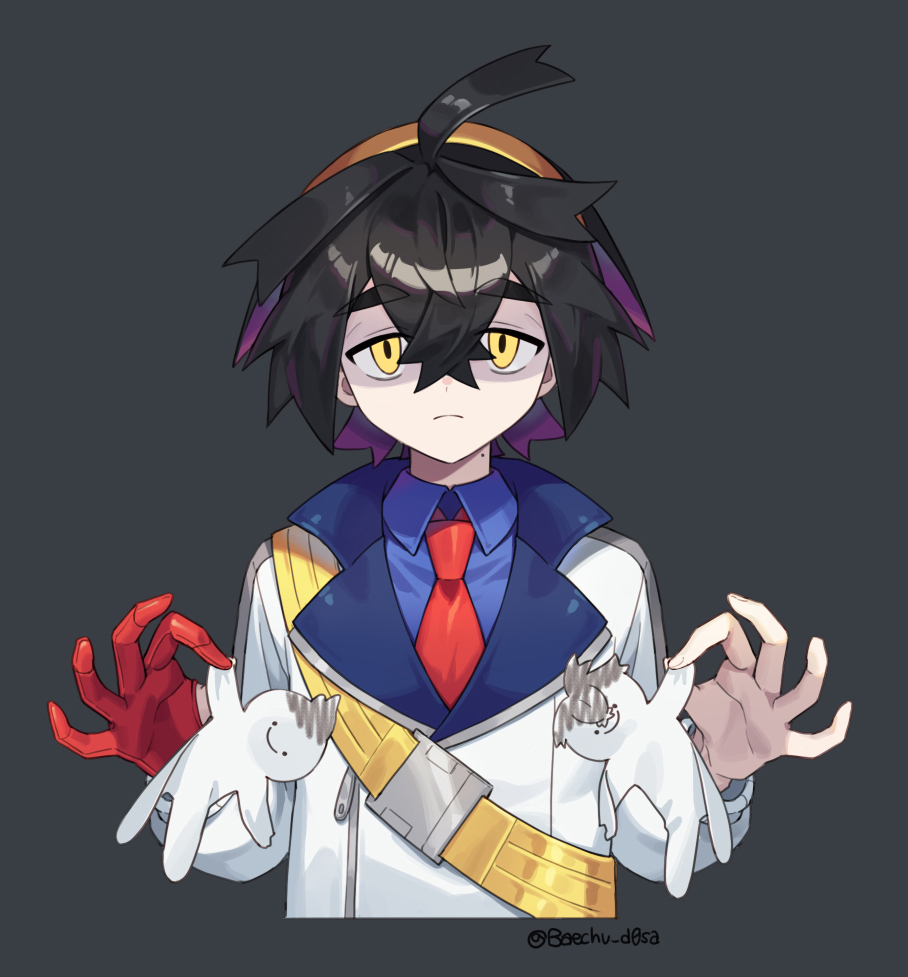 1boy ahoge black_hair blue_shirt closed_mouth collared_shirt commentary_request crossed_bangs gloves grey_background hair_between_eyes hairband jacket kieran_(pokemon) korean_commentary looking_at_viewer male_focus mongguri necktie nintendo paper_cutout partially_fingerless_gloves pokemon pokemon_sv red_gloves red_necktie shirt short_hair simple_background single_glove strap twitter_username upper_body white_jacket yellow_eyes yellow_hairband