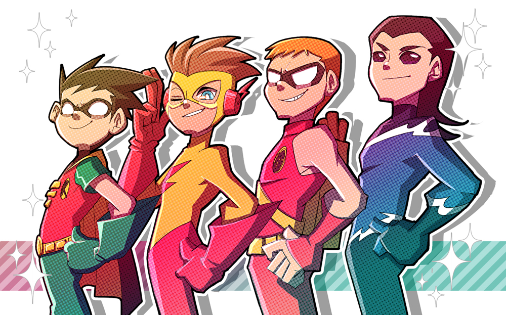 4boys aqualad black_gloves black_hair black_sclera blue_eyes brown_hair cartoon_network colored_sclera dc_comics eye_mask gloves green_gloves kid_flash ladama multiple_boys orange_hair red_gloves robin_(dc) salute size_difference sparkle speedy_(dc) spiked_hair superhero_costume teen_titans two-finger_salute white_eyes