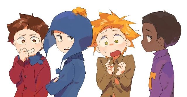 4boys be_(ronironibebe) black_hair blonde_hair blue_jacket brown_eyes brown_hair chullo clyde_donovan craig_tucker crossed_arms dark-skinned_male dark_skin green_eyes green_shirt hat jacket messy_hair multiple_boys purple_sweater red_jacket shirt short_hair smile smirk south_park sweater token_black tweek_tweak