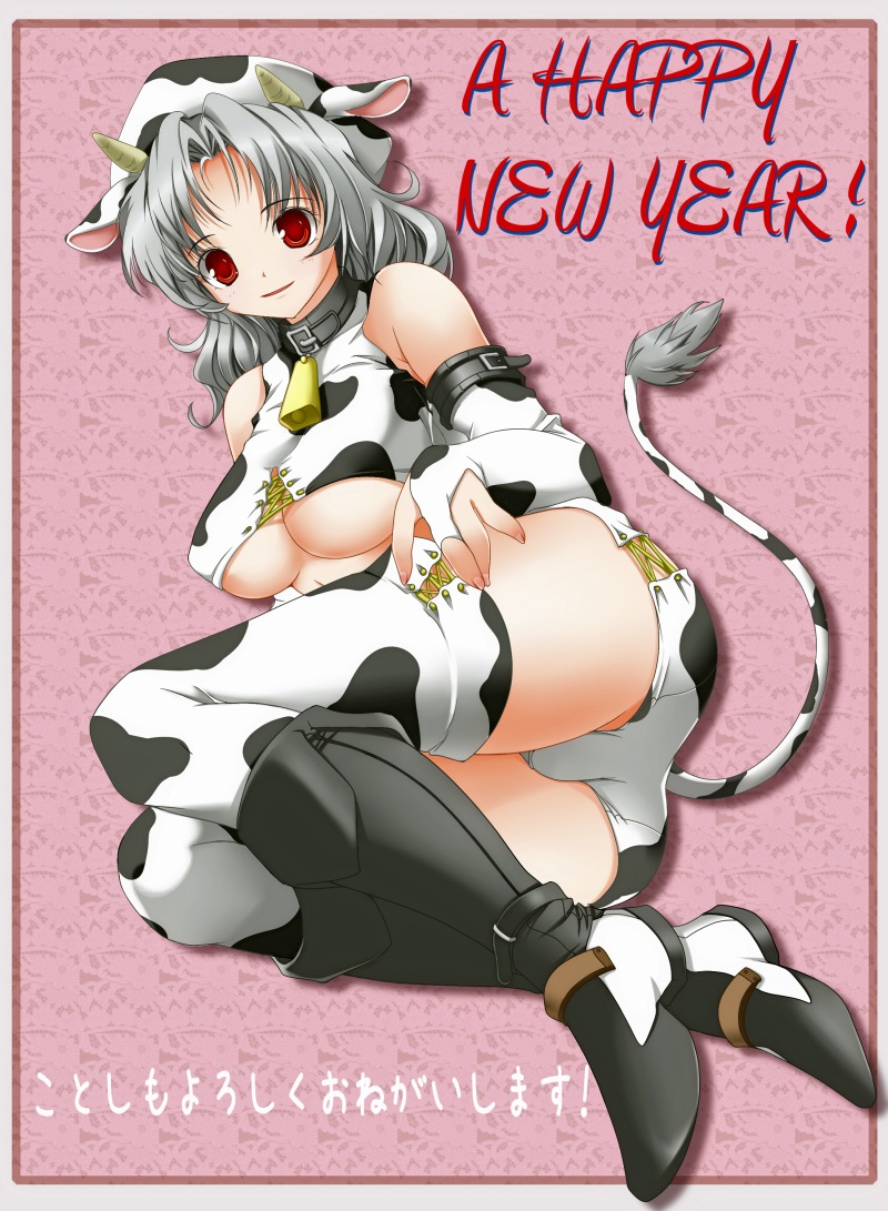 1girl animal_ears animal_print ashita_yaru bare_shoulders bell black_boots boots breasts bridal_gauntlets chinese_zodiac covered_erect_nipples cow_ears cow_girl cow_horns cow_print cow_tail cowbell grey_hair hair_intakes happy_new_year hat horns knee_boots large_breasts long_hair multicolored_boots new_year open_mouth original print_bridal_gauntlets print_headwear print_thighhighs red_eyes red_pupils smile solo tail tail_raised thighhighs thighs two-tone_boots underboob white_boots year_of_the_ox