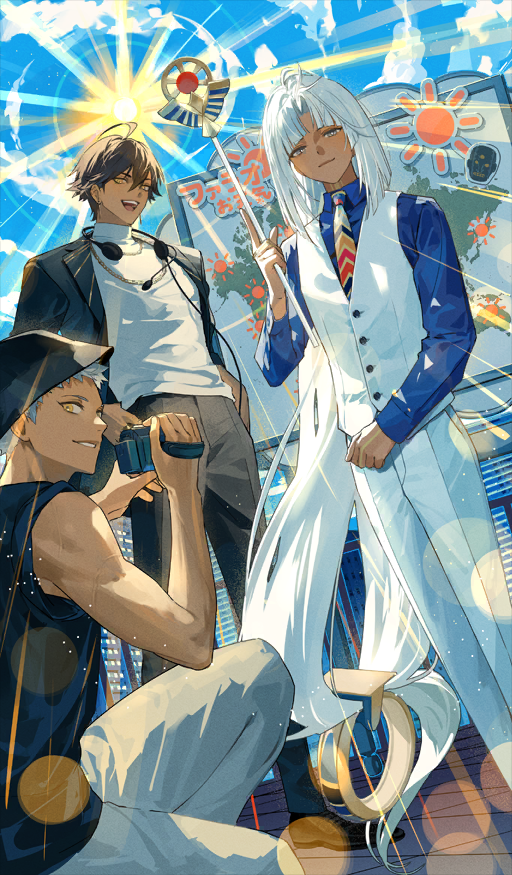3boys absurdly_long_hair ahoge black_jacket black_pants black_shoes blue_shirt blue_sky blunt_bangs brown_hair building cameo camera closed_mouth cloud cloudy_sky collared_shirt darius_iii_(fate) dark-skinned_male dark_skin day dress_shoes earrings fate/grand_order fate_(series) film_grain full_body grey_eyes grey_hair grin hair_between_eyes hand_up hands_on_own_hips headphones headphones_around_neck holding holding_camera holding_scepter hood hood_up hooded_jacket jacket jewelry knee_up lapels light_rays long_hair long_sleeves looking_at_viewer low-tied_long_hair male_focus map multicolored_necktie multiple_boys necktie notched_lapels official_art on_one_knee open_clothes open_jacket open_mouth outdoors ozymandias_(fate) pants parted_bangs ptolemy_(fate) ptolemy_(first_ascension)_(fate) scepter shirt shoes short_hair sky sleeveless sleeveless_jacket smile sun sunbeam sunlight turtleneck tutankhamun_(fate) ugonba_(howatoro) very_long_hair very_short_hair vest weather weather_forecast weatherman white_hair white_pants white_shirt white_vest wing_collar world_map yellow_eyes