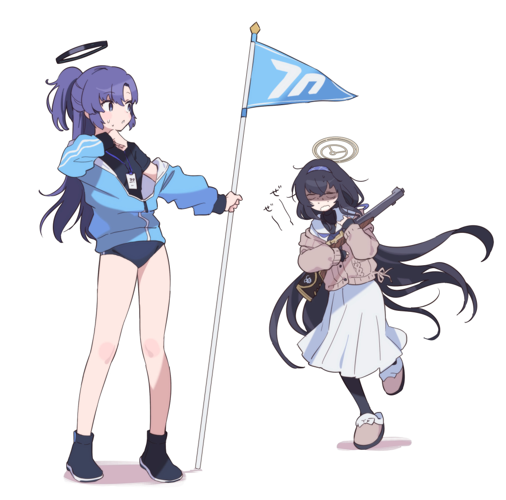 2girls black_footwear black_hair black_shirt black_undershirt blue_archive blue_buruma blue_hairband blue_jacket blue_neckerchief bolt-action_rifle brown_cardigan buruma carbine cardigan crossed_bangs de_lisle_carbine flag full_body gun gym_uniform hairband halo holding holding_flag holding_gun holding_weapon id_card integral_suppressor integrally-suppressed_firearm jacket lanyard long_hair long_skirt low_twintails machico_maki multiple_girls neckerchief official_alternate_costume pantyhose parted_bangs partially_unzipped pistol-caliber_carbine pleated_skirt ponytail purple_eyes purple_hair purple_hairband purple_neckerchief rifle sailor_collar school_uniform serafuku shirt short_sleeves simple_background skirt slippers standing suppressor sweat track_jacket twintails ui_(blue_archive) very_long_hair weapon white_background white_sailor_collar white_serafuku white_skirt yuuka_(blue_archive) yuuka_(track)_(blue_archive)