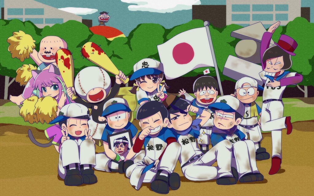 2girls 6+boys akatsuka_fujio alternate_costume alternate_hairstyle anger_vein aqua_eyes arm_up bald baseball_field baseball_uniform black_hair blood blush brown_hair cheerleader chibita clothing_cutout covered_eyes crossdressing dayoon dekapan dirty dirty_clothes double_v everyone grin hashimoto_nyaa hat hatabou holding holding_pom_poms iei iyami japanese_flag matsuno_choromatsu matsuno_ichimatsu matsuno_jyushimatsu matsuno_karamatsu matsuno_osomatsu matsuno_todomatsu multiple_boys multiple_girls navel_cutout nipple_cutout official_alternate_costume official_alternate_hairstyle old old_man osomatsu-san osomatsu_(series) outdoors pink_hair pom_pom_(cheerleading) pom_poms rubbing_nose sheeeh! sitting smile sportswear top_hat tsubuta_hiro v yowai_totoko