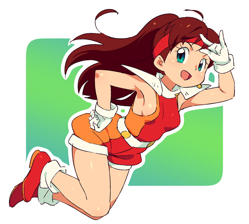 1girl :d ahoge aqua_eyes arm_up armpits bare_arms bare_shoulders belt blush border breasts brown_hair collar collared_shirt commentary_request crotch_seam female_focus genji_tsuushin_agedama gloves gradient_background green_background hand_on_own_hip headband heike_ibuki high_belt high_collar legs_together long_hair looking_at_viewer m/ medium_breasts midair multicolored_background om_(nk2007) open_mouth outline outside_border ponytail red_footwear red_headband romper shirt shorts_rolled_up shoulder_pads sideboob sleeveless sleeveless_shirt smile solo split_mouth two-tone_background two-tone_romper two-tone_shirt v-shaped_eyebrows white_belt white_border white_collar white_gloves white_outline wonder_ibuki