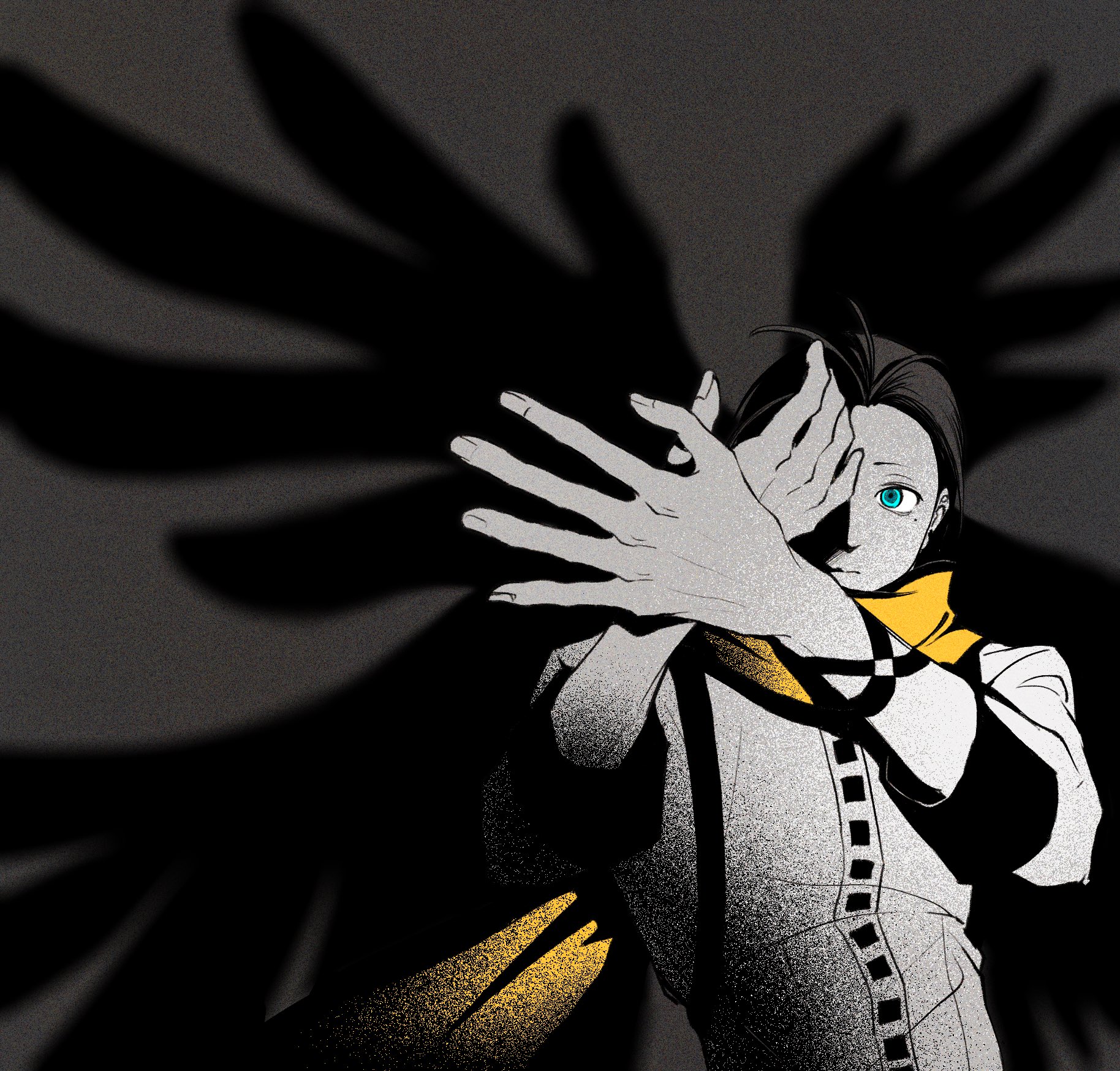 1boy arms_up black_hair black_trim blue_eyes closed_mouth film_grain grey_background hair_slicked_back highres long_scarf looking_at_hands male_focus mochizuki_ryouji mole mole_under_eye one_eye_covered otoko_haza persona persona_3 scarf shadow shadow_puppet shirt short_hair sleeve_cuffs solo upper_body white_shirt yellow_scarf