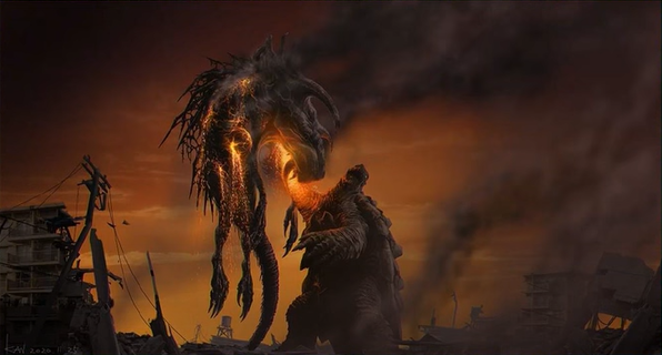 artist_name black_sky building burning claws cloud concept_art day destruction dusk embers energy engi_(animation_studio) fire gamera gamera_(series) gamera_-rebirth- giant giant_monster glowing glowing_hand horns jiger kadokawa kaiju lizard long_tail monster no_humans official_art open_mouth orange_sky plasma power_lines roaring sharp_teeth signature sky smoke stinger sunset tail takahama_kan teeth turtle tusks two-tone_sky