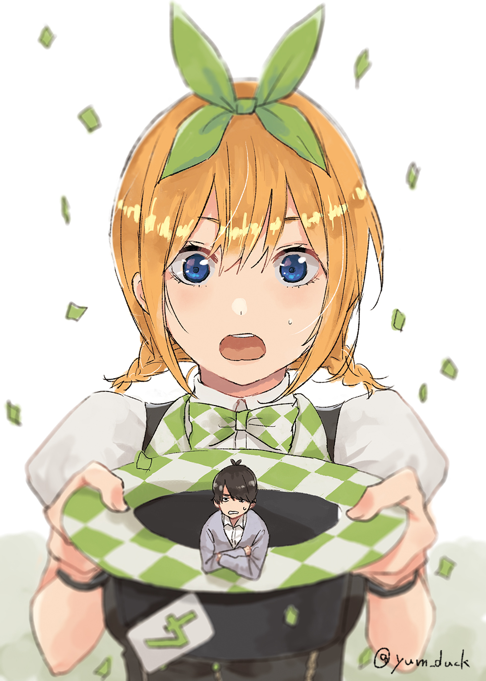 1boy 1girl alternate_costume black_hair blue_eyes bow bowtie braid checkered_bow checkered_bowtie checkered_clothes collared_shirt from_hat_trick go-toubun_no_hanayome green_ribbon hair_ribbon hat hat_basket highres holding holding_unworn_clothes holding_unworn_hat in_hat juliet_sleeves long_sleeves looking_at_viewer magic_trick mini_person miniboy nakano_yotsuba open_mouth orange_hair puffy_sleeves ribbon shirt short_hair short_twintails top_hat twin_braids twintails twitter_username uesugi_fuutarou unworn_hat unworn_headwear white_shirt yamada_(yum_duck)