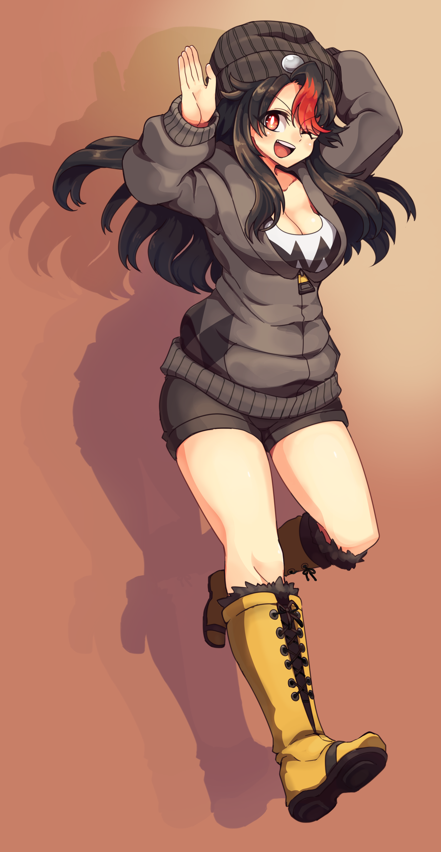 1girl ;d absurdres arms_up black_hair black_shorts boots borokuro breasts brown_background cleavage female_focus full_body gen_4_pokemon grey_jacket highres jacket knee_boots large_breasts looking_at_viewer multicolored_hair nintendo one_eye_closed open_mouth personification pokemon red_eyes red_hair shadow short_shorts shorts skullcap smile solo staraptor two-tone_hair yellow_boots zipper