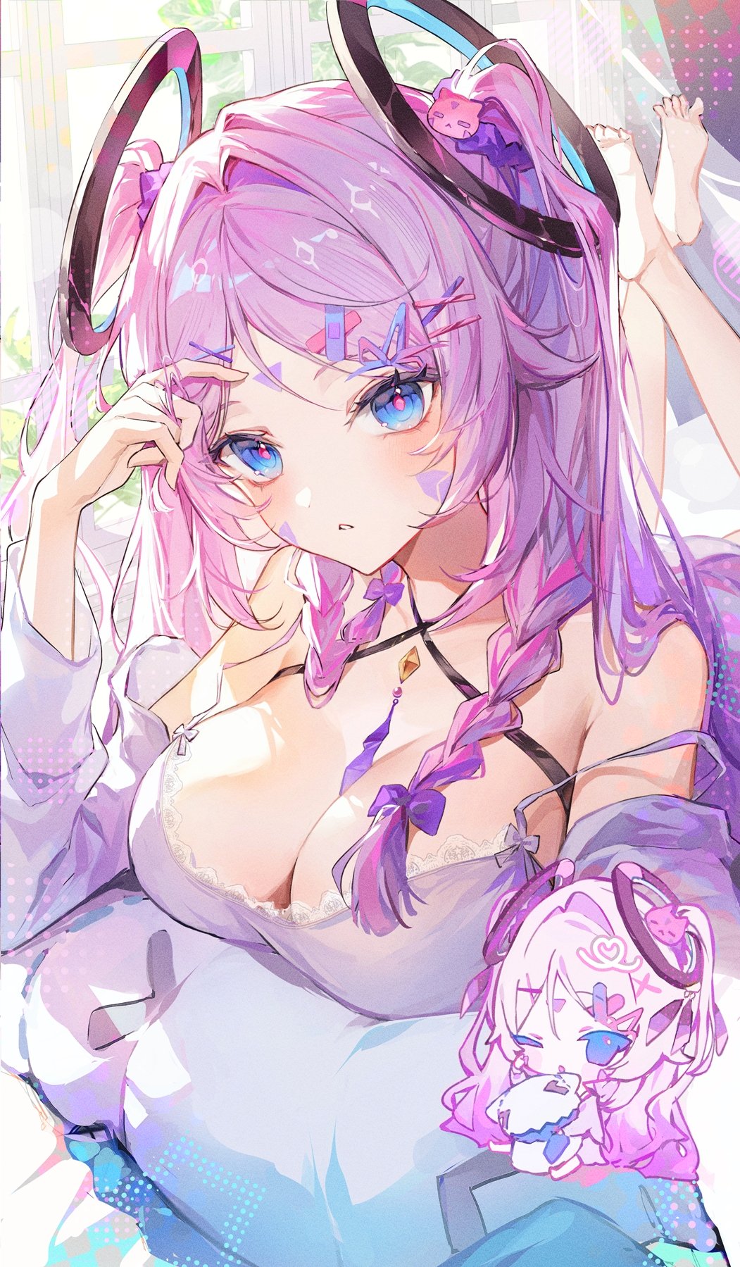 1girl barefoot blue_eyes blush bow braid breasts chibi citlali_(genshin_impact) citlalin_(genshin_impact) commentary facial_mark genshin_impact hair_ornament hairclip hand_on_own_head hand_up highres hugging_object large_breasts light_rays long_hair long_sleeves looking_at_viewer lying nong_345 off-shoulder_shirt off_shoulder on_pillow on_stomach parted_bangs parted_lips pillow pillow_hug pink_hair purple_bow ring_hair_ornament shirt side_braid sidelocks solo twin_braids white_shirt window