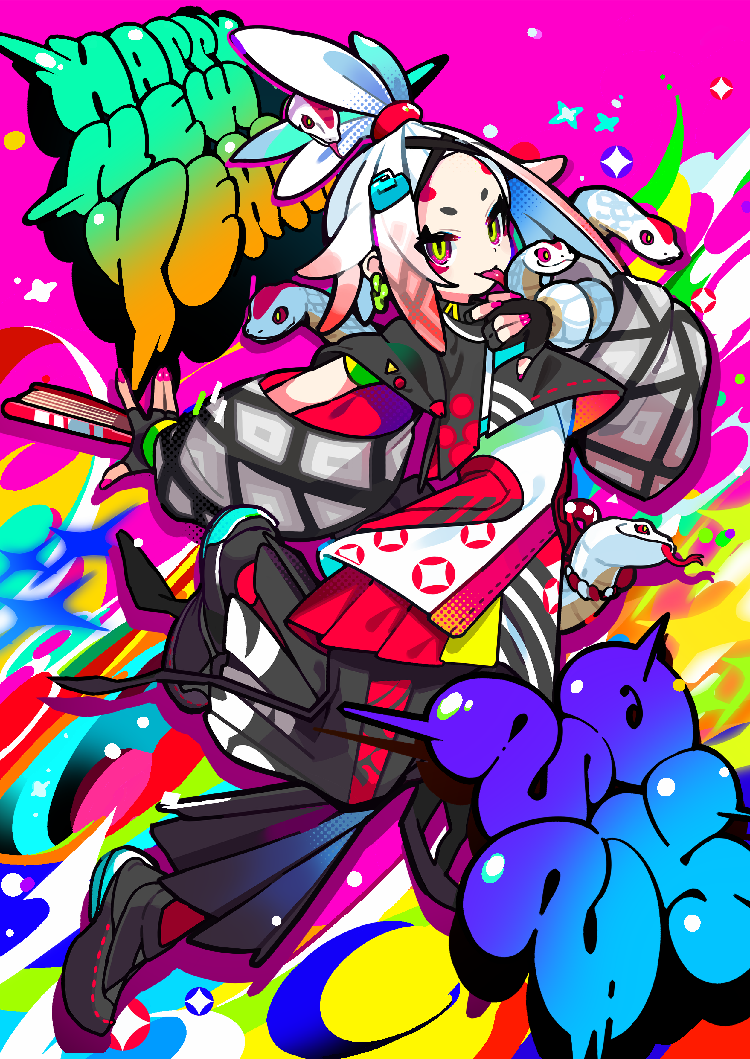 1girl absurdres black_footwear black_gloves closed_mouth english_text fingerless_gloves gloves gradient_hair happy_new_year highres kurumitsu multicolored_hair nail_polish new_year original pink_nails smile snake snake_on_head snake_wrapped_around_arm tongue tongue_out topknot white_hair