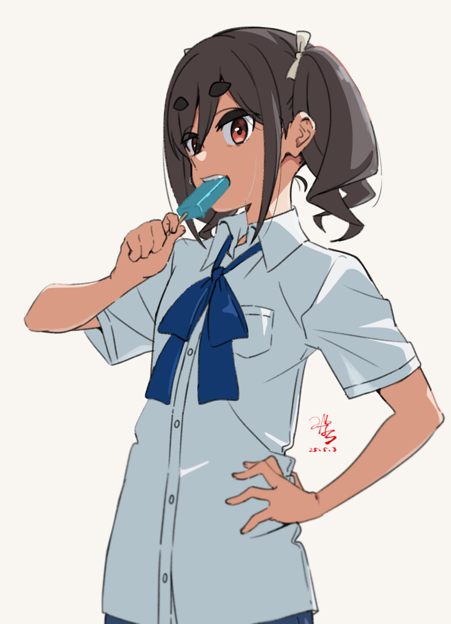 1girl blue_neckerchief breast_pocket dated eating food food_in_mouth grey_hair hair_between_eyes hair_ribbon hand_on_own_hip highres holding holding_food holding_popsicle kiriyama_ann medium_hair miyahara_takuya mono_(afro) neckerchief pocket popsicle popsicle_in_mouth red_eyes ribbon school_uniform shirt short_sleeves signature simple_background solo teeth thick_eyebrows twintails upper_body upper_teeth_only white_background white_ribbon white_shirt