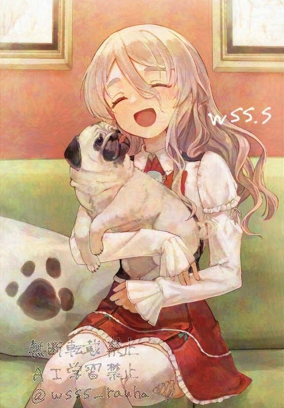 1girl adversarial_noise closed_eyes collared_shirt commentary_request couch dog dress_shirt feet_out_of_frame grey_hair hair_between_eyes hug kantai_collection long_hair paw_print pillow pola_(kancolle) pug red_skirt shirt skirt smile solo translation_request wavy_hair white_shirt wss_(nicoseiga19993411)