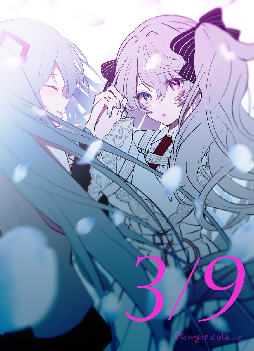 25-ji_miku 2girls aqua_eyes aqua_hair bare_shoulders belt black_bow black_sleeves blue_nails bow closed_eyes collared_shirt commentary_request cowboy_shot detached_sleeves embroidery falling_petals frilled_sleeves frills gorgonzola_c grey_hair hair_between_eyes hair_ornament hatsune_miku heterochromia highres holding_hands key keyring lace_trim long_hair long_sleeves messy_hair miku_day multiple_girls necktie petals pink_eyes project_sekai red_necktie roman_numeral shirt sidelocks skirt striped_bow twintails very_long_hair vocaloid white_belt white_shirt white_skirt