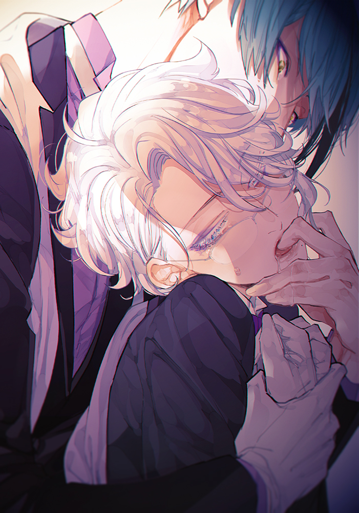 2boys azul_ashengrotto black_hair blue_hair collared_shirt drooling eyelashes eyes_visible_through_hair finger_in_another&#039;s_mouth gloves hair_behind_ear hair_over_one_eye hand_grab jacket jade_leech long_sleeves looking_away looking_down looking_to_the_side male_focus multicolored_hair multiple_boys purple_shirt saliva shirai shirt short_hair sidelocks single_glove stole streaked_hair tongue twisted_wonderland upper_body white_background white_gloves white_hair wing_collar yaoi yellow_eyes
