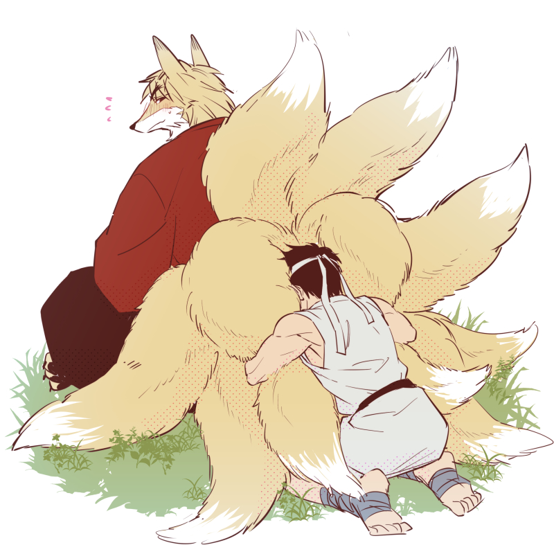 2boys aged_down animal_ears blonde_hair blush couple dougi extra_tails fluff fluffy forked_eyebrows fox fox_boy fox_ears fox_tail furrification furry furry_male furry_with_non-furry headband interspecies ken_masters male_focus multiple_boys ryu_(street_fighter) short_hair sitting street_fighter tail thick_eyebrows toned toned_male yaoi yuiofire