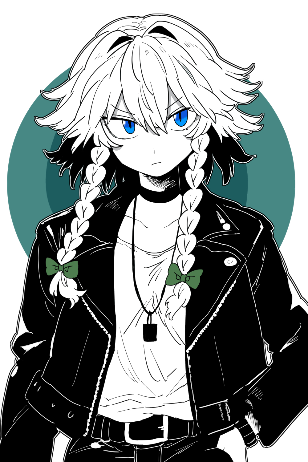 1girl belt black_belt black_collar black_jacket black_pants blue_eyes bollzzalguy bow braid collar colored_skin green_bow hand_in_pocket highres izayoi_sakuya jacket jewelry leather leather_jacket long_sleeves necklace open_clothes open_jacket pants shirt simple_background touhou twin_braids watch white_hair white_shirt white_skin wristwatch