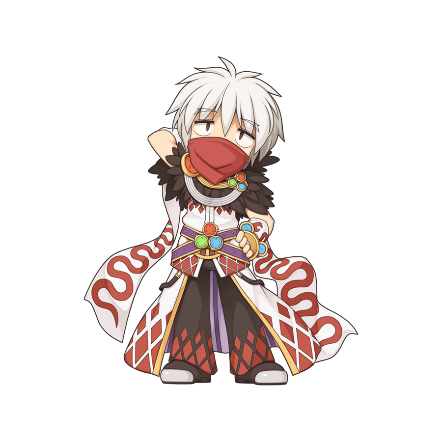 1boy argyle_cape argyle_clothes argyle_pants argyle_shirt arm_behind_head bandana black_pants black_shoes brown_eyes cape chibi chibi_only detached_sleeves full_body fur_collar hair_between_eyes juu_(ragnarok_online) looking_at_viewer male_focus official_art pants ragnarok_online red_bandana shirt shoes short_hair simple_background solo sorcerer_(ragnarok_online) standing transparent_background waist_cape white_cape white_hair white_shirt white_sleeves yuichirou