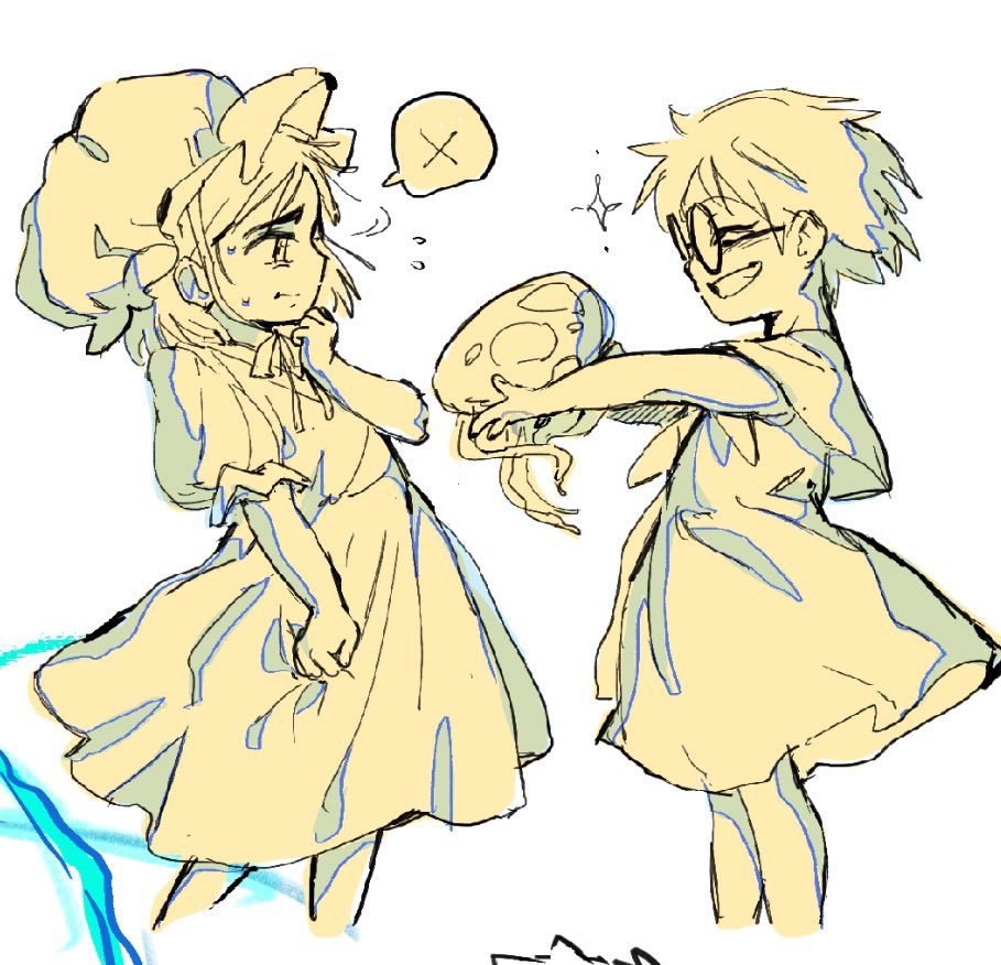 2girls aged_down alien_stage animal bonnet capelet child closed_eyes cropped_legs dress frilled_bonnet frills giving glasses holding holding_animal jellyfish mizi_(alien_stage) monochrome multiple_girls puffy_short_sleeves puffy_sleeves round_eyewear short_hair short_sleeves smile spoken_x sua_(alien_stage) sunnyirry very_short_hair