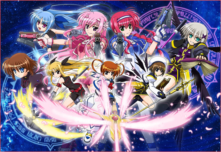 6+girls amitie_florian bardiche_(haken_form)_(nanoha) bardiche_(nanoha) belt blonde_hair blue_eyes book brown_eyes brown_hair buckle fate_testarossa fate_testarossa_(sonic_form) green_hair grey_hair grin gun hair_ornament hair_ribbon hairband hat kyrie_florian levi_the_slasher light_purple_hair long_hair lord_dearche lyrical_nanoha magic_circle mahou_shoujo_lyrical_nanoha mahou_shoujo_lyrical_nanoha_a&#039;s mahou_shoujo_lyrical_nanoha_a&#039;s_portable:_the_battle_of_aces mahou_shoujo_lyrical_nanoha_a&#039;s_portable:_the_gears_of_destiny multiple_girls official_art open_mouth purple_eyes raising_heart raising_heart_(exelion_mode) red_hair ribbon schwertkreuz shinozaki_akira short_twintails shorts smile staff star_(sky) stern_the_destructor takamachi_nanoha takamachi_nanoha_(sacred_mode) tome_of_the_night_sky tome_of_the_purple_sky twintails weapon wings yagami_hayate