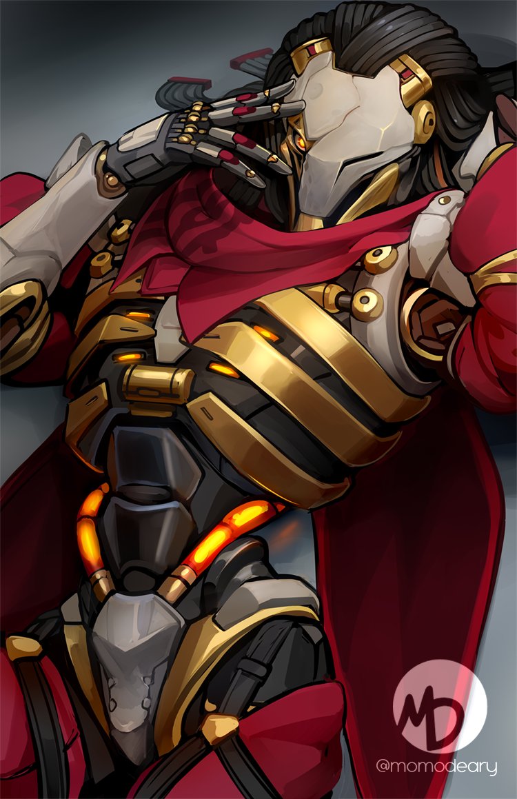 1boy @_(symbol) cape commentary cyborg english_commentary hand_on_own_face looking_at_viewer male_focus mechanical_arms mechanical_hands mechabare momo-deary official_alternate_costume omnic overwatch overwatch_2 ramattra_(overwatch) red_cape robot torso twitter_username upper_body