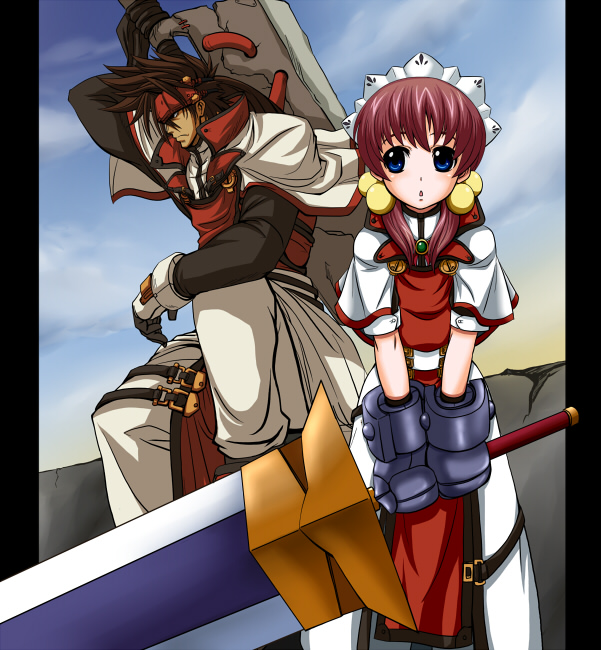 1boy 1girl alternate_costume arcana_heart belt brown_hair cloud cloudy_sky concrete crossover fiona_mayfield forehead_protector guilty_gear guilty_gear_xx hair_bobbles hair_ornament headband holding holding_sword holding_weapon huge_weapon looking_to_the_side m.u.g.e.n matching_outfits metal_gloves mittens multiple_belts no~ma order-sol pants ponytail sky sol_badguy sword weapon white_pants