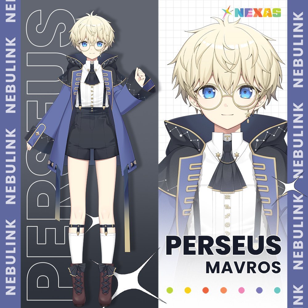 1boy aquarius_(symbol) aries_(symbol) black_shorts blonde_hair blue_eyes blue_jacket boots brown_footwear cancer_(symbol) capricorn_(symbol) character_name closed_mouth commentary copyright_name english_commentary english_text glasses hair_between_eyes jacket konogi_nogi logo long_sleeves looking_at_viewer male_focus messy_hair multiple_views nexas_(vtuber) official_art perseus_mavros round_eyewear sagittarius_(symbol) scorpio_(symbol) second-party_source shirt shoes shorts sleeves_past_wrists smile socks suspender_shorts suspenders virgo_(symbol) virtual_youtuber white_shirt white_socks yellow-framed_eyewear