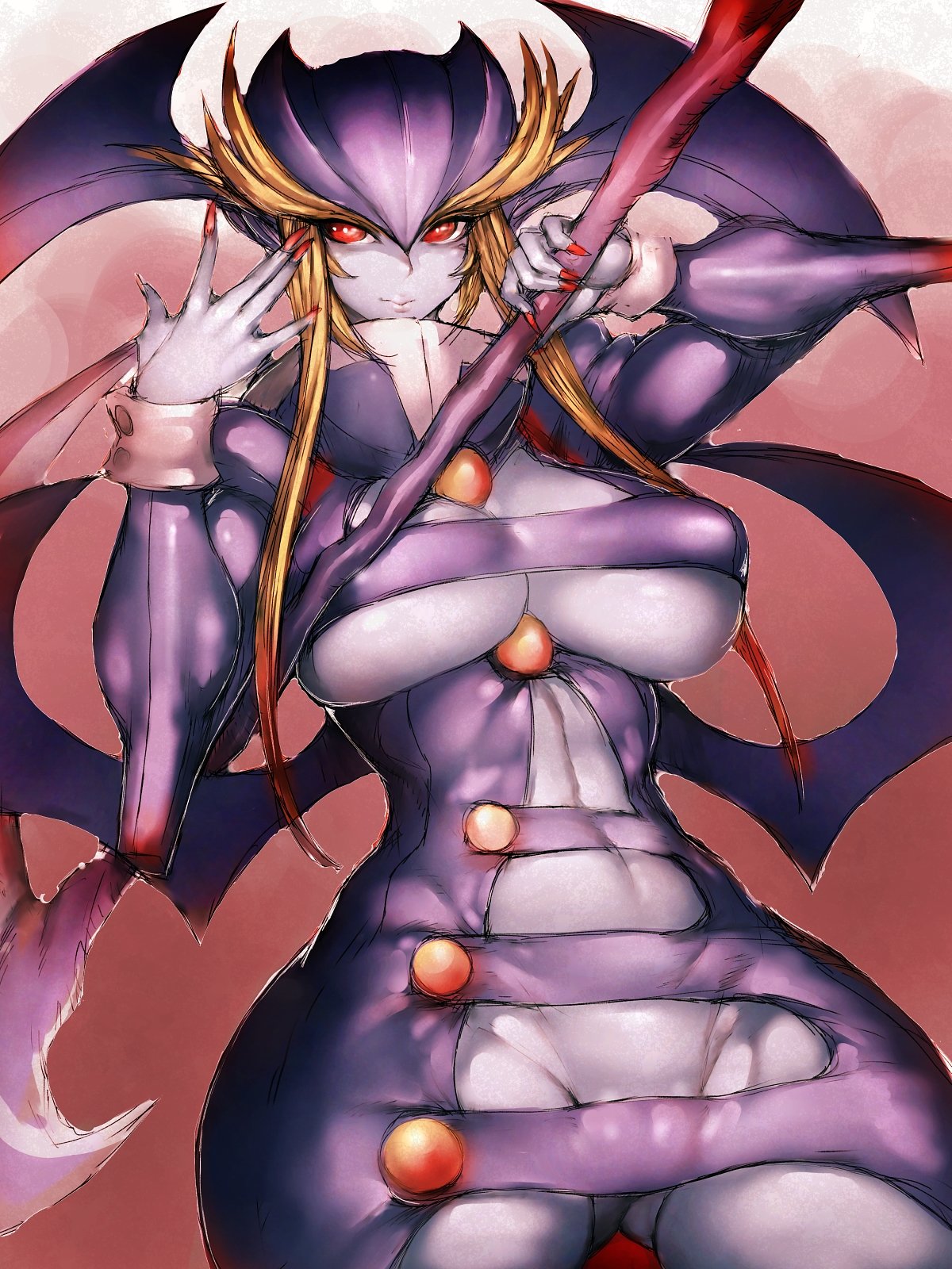 1girl bat_wings blonde_hair breasts cleavage colored_skin commentary_request covered_erect_nipples curvy darkstalkers female_focus fumio_(rsqkr) genderswap genderswap_(mtf) gradient_background head_wings highres jedah_dohma large_breasts light_smile looking_at_viewer nail_polish purple_skin red_background red_eyes red_nails scythe solo thick_eyebrows thick_thighs thighs vampire_savior:_the_lord_of_vampire wide_hips wings