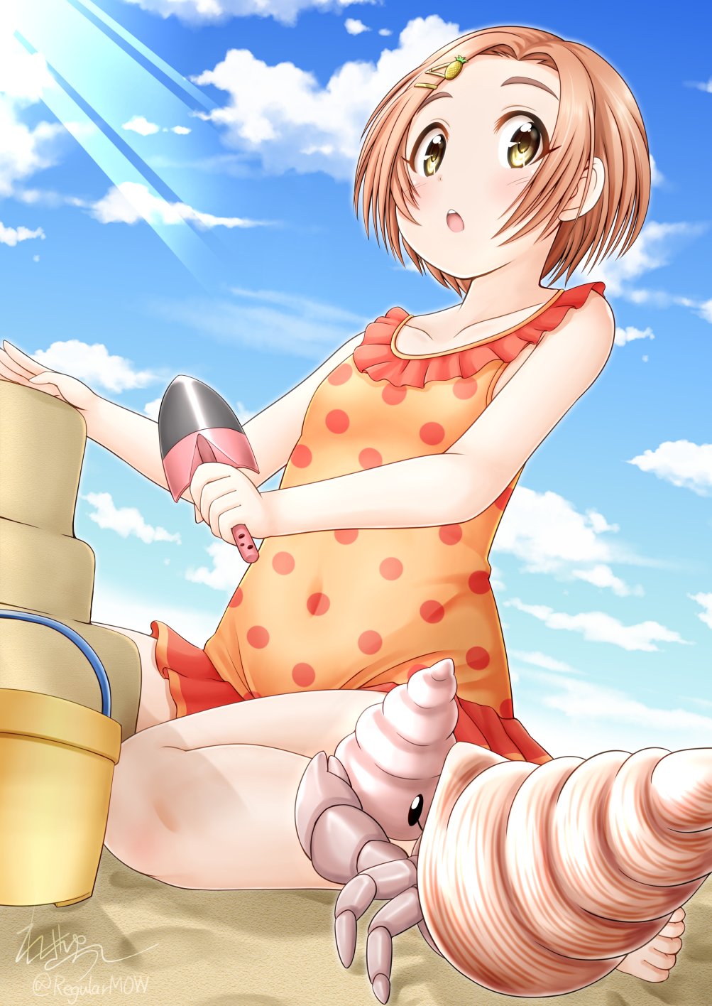 1girl bucket cloud commentary_request food-themed_hair_ornament fruit_hair_ornament hair_ornament hairclip hermit_crab highres holding idolmaster idolmaster_cinderella_girls one-piece_swimsuit open_mouth orange_hair orange_one-piece_swimsuit polka_dot_one-piece_swimsuit regular_mow ryuzaki_kaoru sand sand_castle sand_sculpture seashell shell signature sky swimsuit teeth trowel twitter_username upper_teeth_only yellow_eyes
