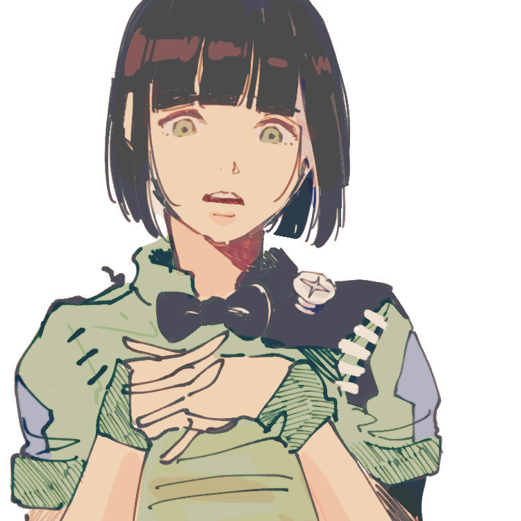 1girl bow bowtie genderswap genderswap_(mtf) green_eyes green_shirt higashikata_joshu inanashil interlocked_fingers jojo_no_kimyou_na_bouken jojolion looking_down screw shirt white_background wrist_cuffs