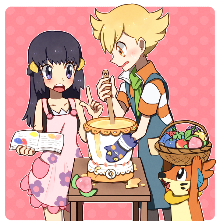 1boy 1girl ako_(ako0905) apron barry_(pokemon) basket berry_(pokemon) black_hair blonde_hair blue_apron book buizel cheri_berry croagunk dawn_(pokemon) gen_4_pokemon gen_5_pokemon holding holding_book index_finger_raised long_hair munna nintendo open_book oran_berry pecha_berry pink_apron pokemon pokemon_(creature) pokemon_dppt rawst_berry shirt short_hair sitrus_berry stirring striped_clothes striped_shirt wavy_mouth
