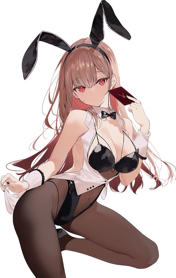 1girl animal_ears bare_shoulders black_hairband black_leotard bow bowtie breasts brown_hair brown_pantyhose card center_opening cleavage colored_inner_hair expressionless fake_animal_ears hairband hand_up highleg highleg_leotard holding holding_card indoors leotard long_hair looking_at_viewer medium_breasts multicolored_hair nail_polish navel necomi original pantyhose pink_hair playboy_bunny rabbit_ears red_eyes sideless_leotard simple_background solo spaghetti_strap stomach two-tone_hair vest white_background white_vest wrist_cuffs