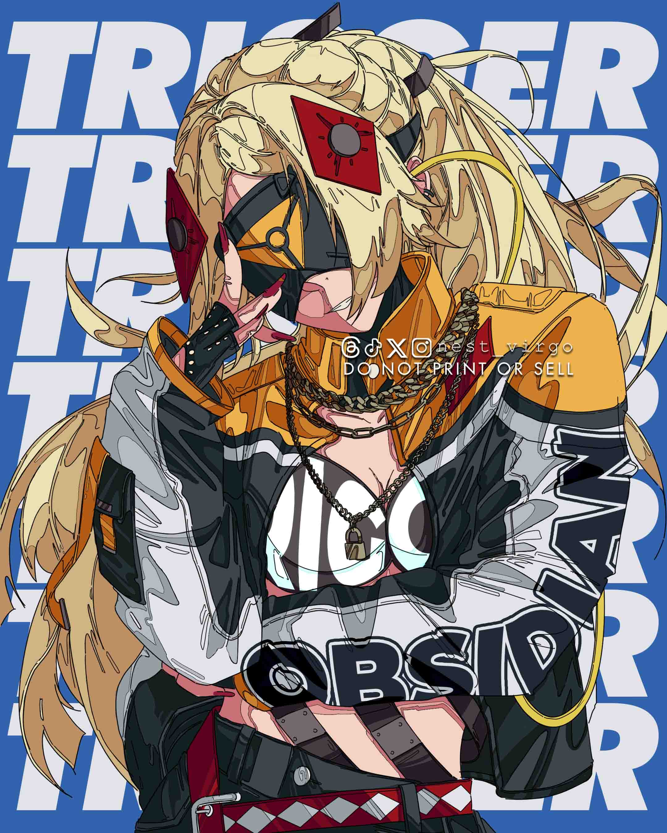 1girl absurdres alternate_costume artist_name blindfold blonde_hair blue_background bra breasts chain character_name cleavage covered_eyes english_text fingerless_gloves fingernails gloves hair_ornament highres instagram_logo instagram_username jacket lock_necklace long_fingernails long_hair medium_breasts nail_polish nest_virgo open_clothes open_jacket pants simple_background solo tiktok_logo trigger_(zenless_zone_zero) twitter_logo twitter_username underwear zenless_zone_zero