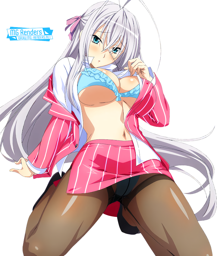 1girl :o alternate_costume antenna_hair blue_bra blue_eyes blush bra breasts coat high_school_dxd kneeling large_breasts long_hair nails navel panties panties_under_pantyhose pantyhose pink_coat rossweisse skirt third-party_edit transparent_background underwear undressing white_hair