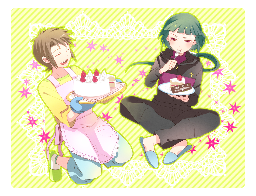00s 1boy 1girl :t apron bad_id bad_pixiv_id brown_hair cake casual closed_eyes doily eating food framed fruit full_body green_hair hajikero_(mimizu) happy_birthday hood hooded_track_jacket indian_style jacket my-hime okuzaki_akira sitting slippers star_(symbol) strawberry strawberry_shortcake striped_background tokiha_takumi track_jacket whipped_cream