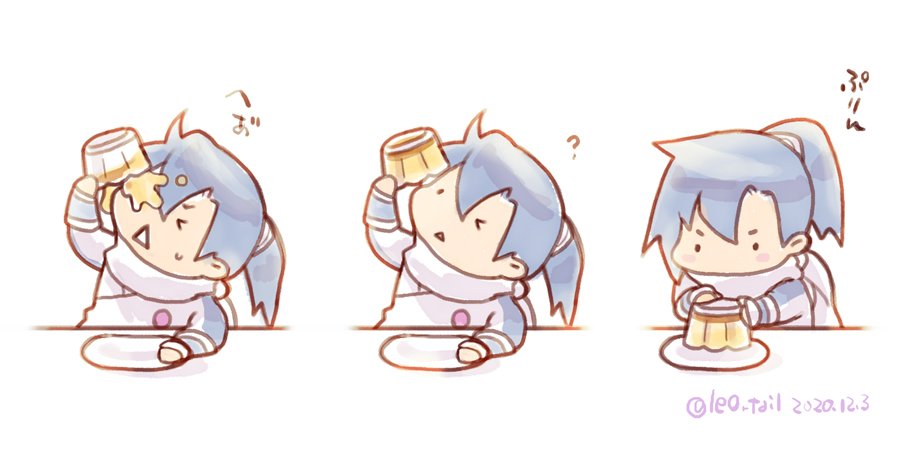1boy blue_hair chibi chibi_only dated food hair_between_eyes leo_tail long_hair male_focus ponytail pudding scarf sequential simple_background spill strider_(video_game) strider_hien sweatdrop triangle_mouth twitter_username v-shaped_eyebrows white_background white_scarf
