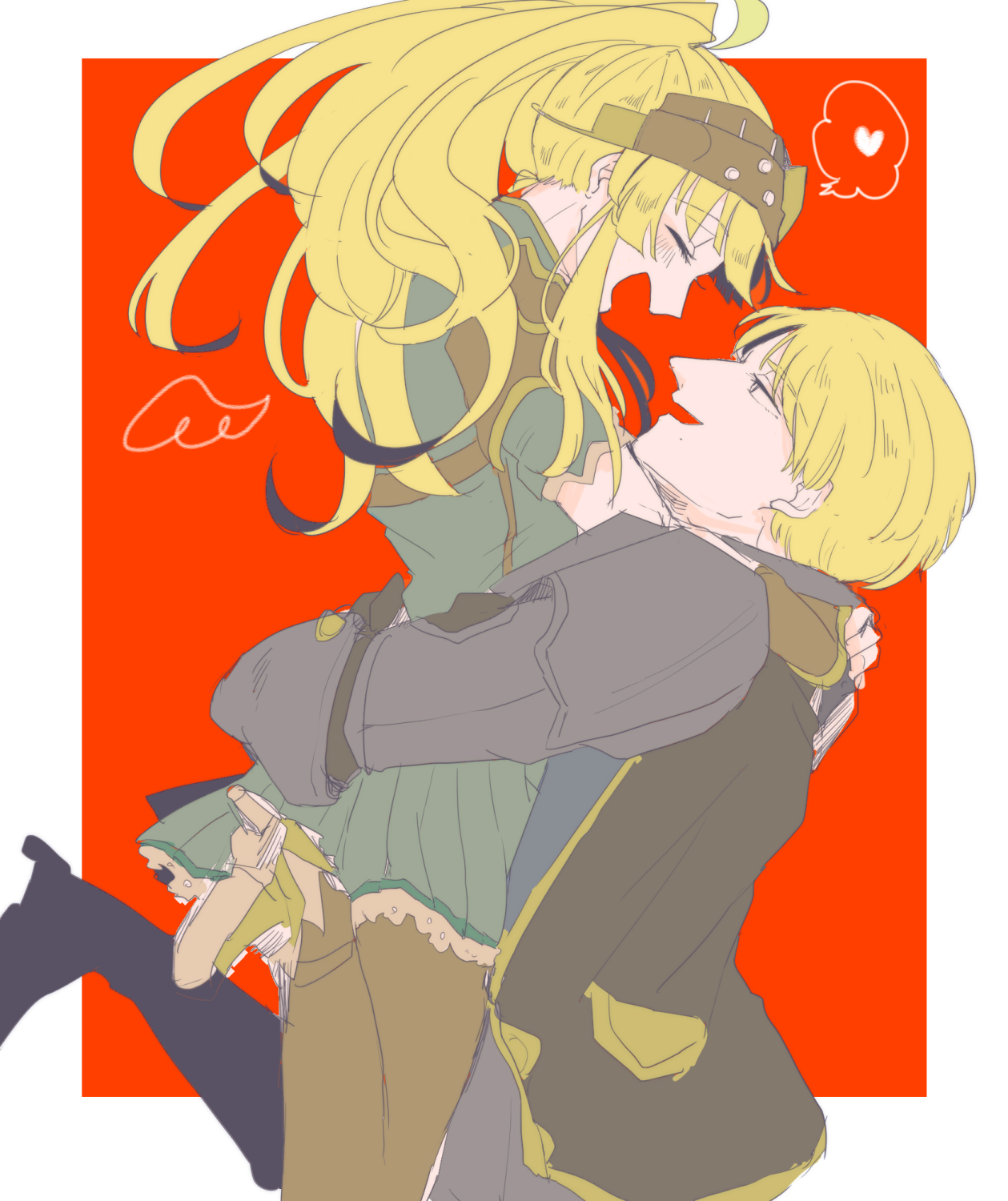1boy 1girl arm_guards armor arms_around_neck arms_around_waist black_legwear blonde_hair blouse brother_and_sister clair_(fire_emblem) clive_(fire_emblem) closed_eyes face-to-face fire_emblem fire_emblem_echoes:_shadows_of_valentia heart helmet hetero high_heels highres hug jumping long_hair looking_at_another matumuraaaa nintendo open_mouth ponytail profile red_background shirt short_hair siblings simple_background sketch smile spoken_heart