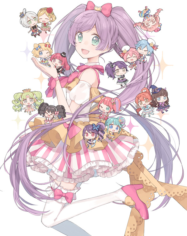 1boy 6+girls :d ahoge blonde_hair blue_eyes blue_hair blunt_bangs bow braid brother_and_sister brown_eyes brown_hair chibi chiri_(ch!) closed_eyes closed_mouth cone_hair_bun crossdressing crown_braid detached_sleeves dorothy_west double_bun dress everyone falulu gaaruru_(pripara) glasses green_eyes grey_hair hair_between_eyes hair_bow hair_bun hands_up hat heart hojo_sophy idol_clothes junon_(pripara) kanon_(pripara) kiki_ajimi kurosu_aroma long_hair looking_at_another looking_at_viewer manaka_laala midorikaze_fuwari minami_mirei mini_hat mini_person mini_top_hat minigirl multicolored_dress multiple_girls one_eye_closed open_mouth pink_bow pink_hair pinon_(pripara) pretty_series pripara puffy_detached_sleeves puffy_sleeves purple_hair red_hair reona_west shikyoin_hibiki shiratama_mikan short_hair siblings side_braid side_ponytail smile solo_focus standing standing_on_one_leg top_hat toudou_shion trap twin_braids twins twintails very_long_hair white_background yellow_eyes