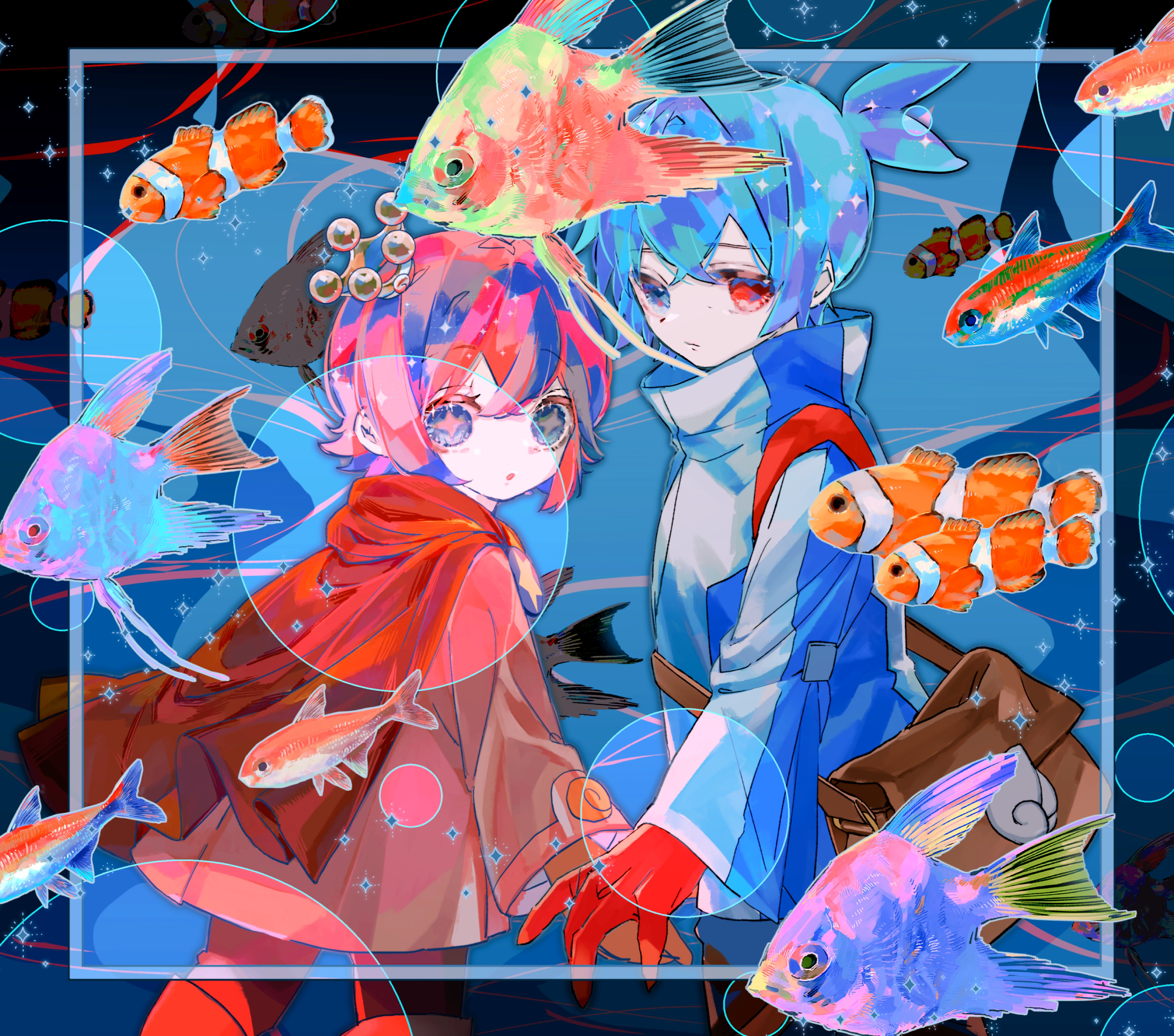 2boys absurdres black_background blue_background blue_coat blue_eyes blue_hair border brown_bag bubble capelet clownfish coat cowboy_shot crown fish fish_request flying_fish grey_eyes height_difference heterochromia highres holding_hands inset_border looking_back looking_to_the_side male_focus merumerumerume mini_crown multicolored_coat multiple_boys ocean_prince partially_obscured pink_coat pink_hair puyopuyo puyopuyo_fever_2 red_capelet red_eyes salde_canarl_shellbrick_iii side-by-side sig_(puyopuyo) star-shaped_pupils star_(symbol) surreal symbol-shaped_pupils two-tone_coat waist_bag white_coat