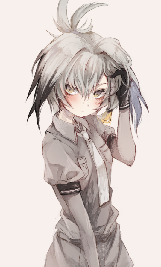 10s 1girl arm_at_side bird_wings black_gloves black_hair bodystocking breast_pocket breasts closed_mouth collared_shirt female_focus gloves green_eyes grey_background grey_hair grey_necktie grey_shirt grey_shorts hair_between_eyes hair_ornament hair_tie hand_in_own_hair hand_up head_wings kemono_friends legs_together long_hair long_sleeves looking_at_viewer low_ponytail multicolored_hair necktie orange_hair oro_ponzu pocket ponytail ruffling_hair shirt shoebill_(kemono_friends) short_sleeves shorts side_ponytail simple_background sleeve_cuffs small_breasts solo square-end_necktie two-tone_hair upper_body wing_collar wings yellow_eyes